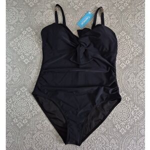 YUNIDMEIM Black One Piece Swimsuit Ruched Tummy Control Bow XL NEW